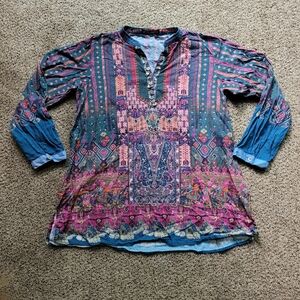 LimeLight Womens Tunic Long Sleeve Blouse M VTG Blue Pink Charms V Neck Colorful